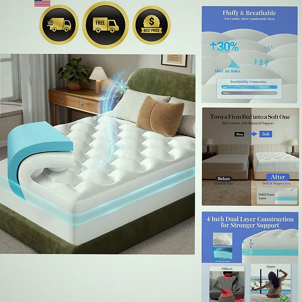 Cooling 4 lnch King Size Dual Layer Mattress Topper, 2 Inch Gel Memory Foam,...